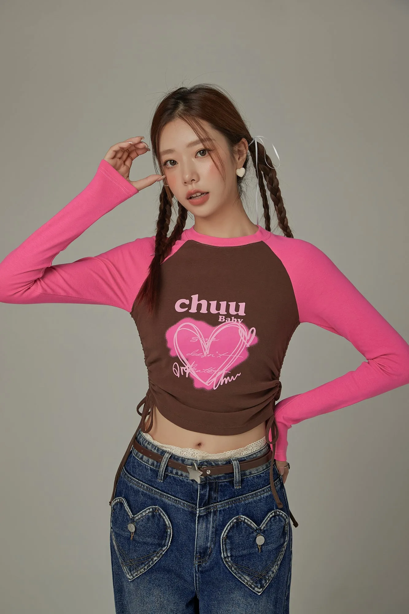 Heart Color Contrast Shirring T-Shirt