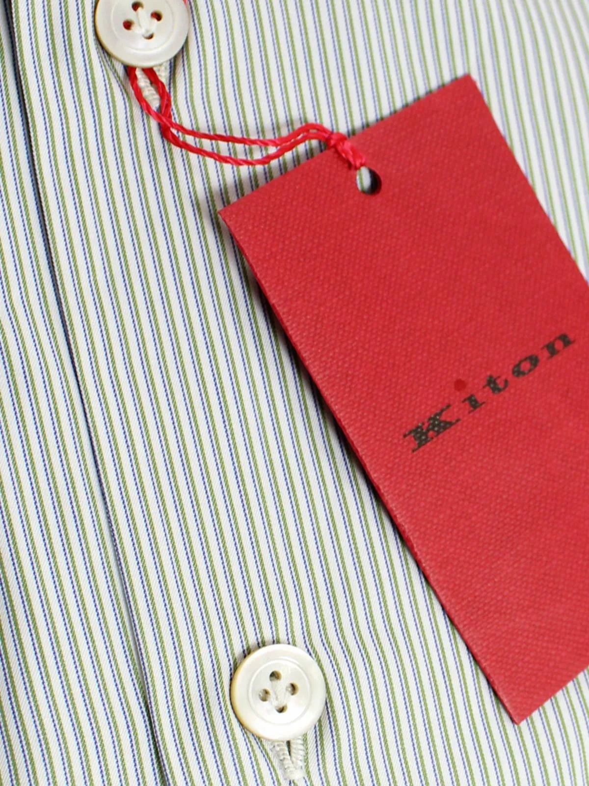 Kiton Dress Shirt White Green Navy Stripes 38 - 15 SALE