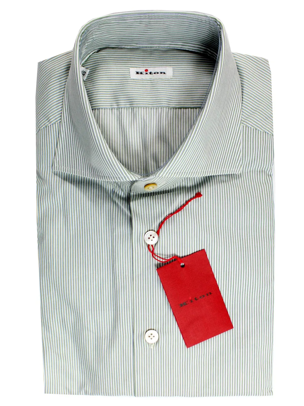 Kiton Dress Shirt White Green Navy Stripes 38 - 15 SALE