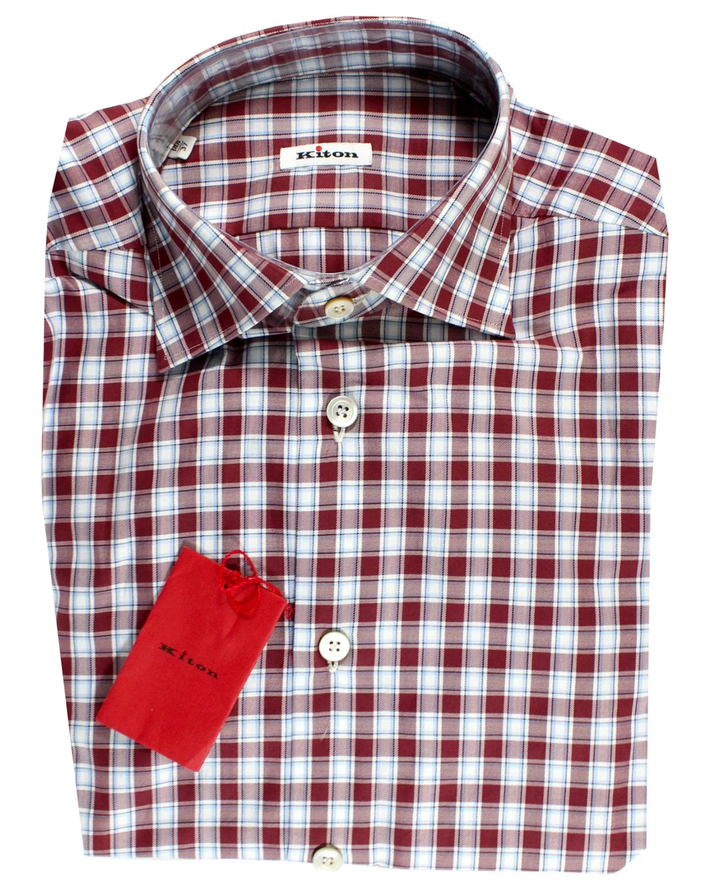 Kiton Shirt White Maroon Blue Plaid 38 - 15 SALE