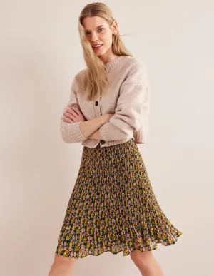 Knee Length Plisse Skirt-Emerald Night, Abstract Poppy