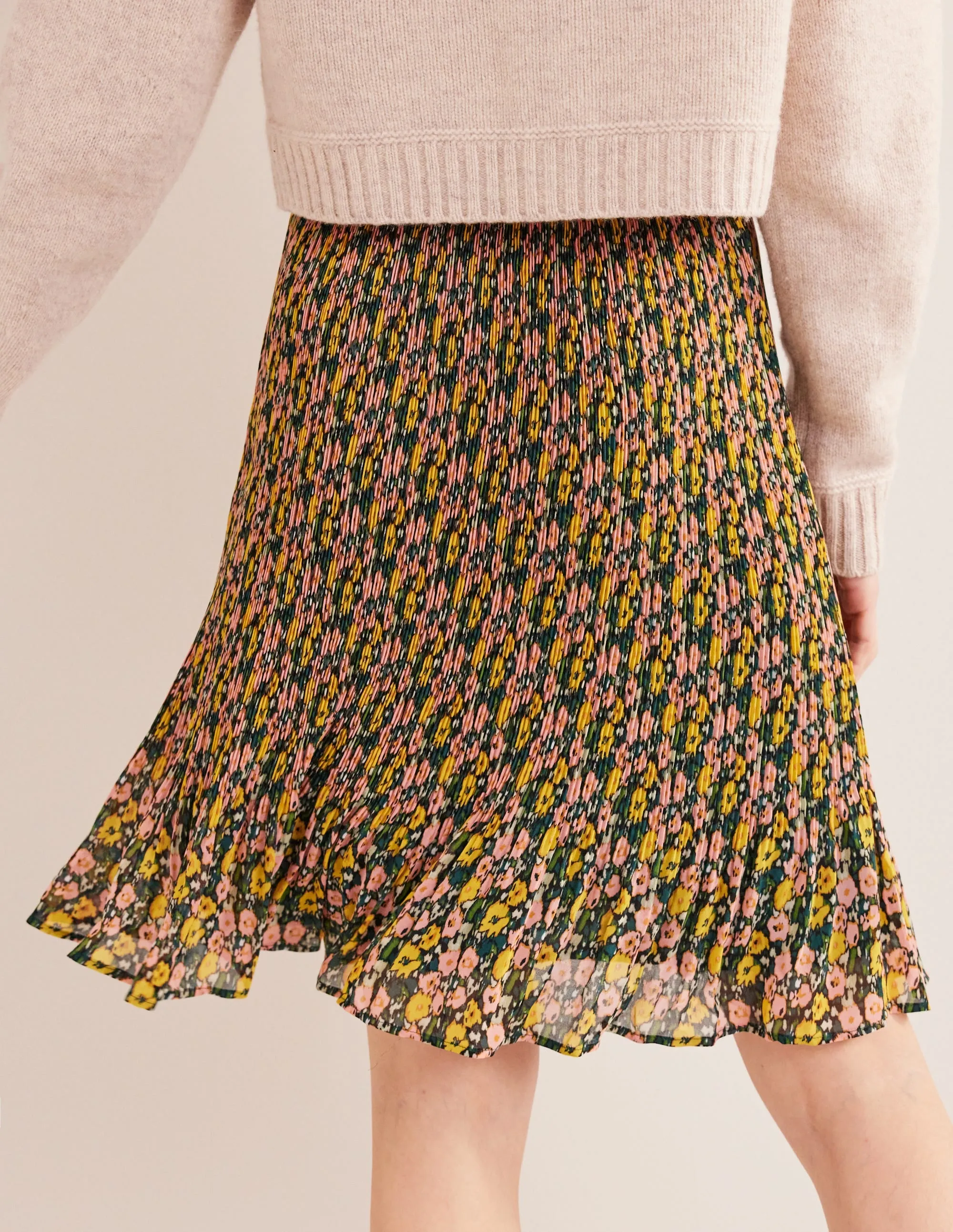 Knee Length Plisse Skirt-Emerald Night, Abstract Poppy