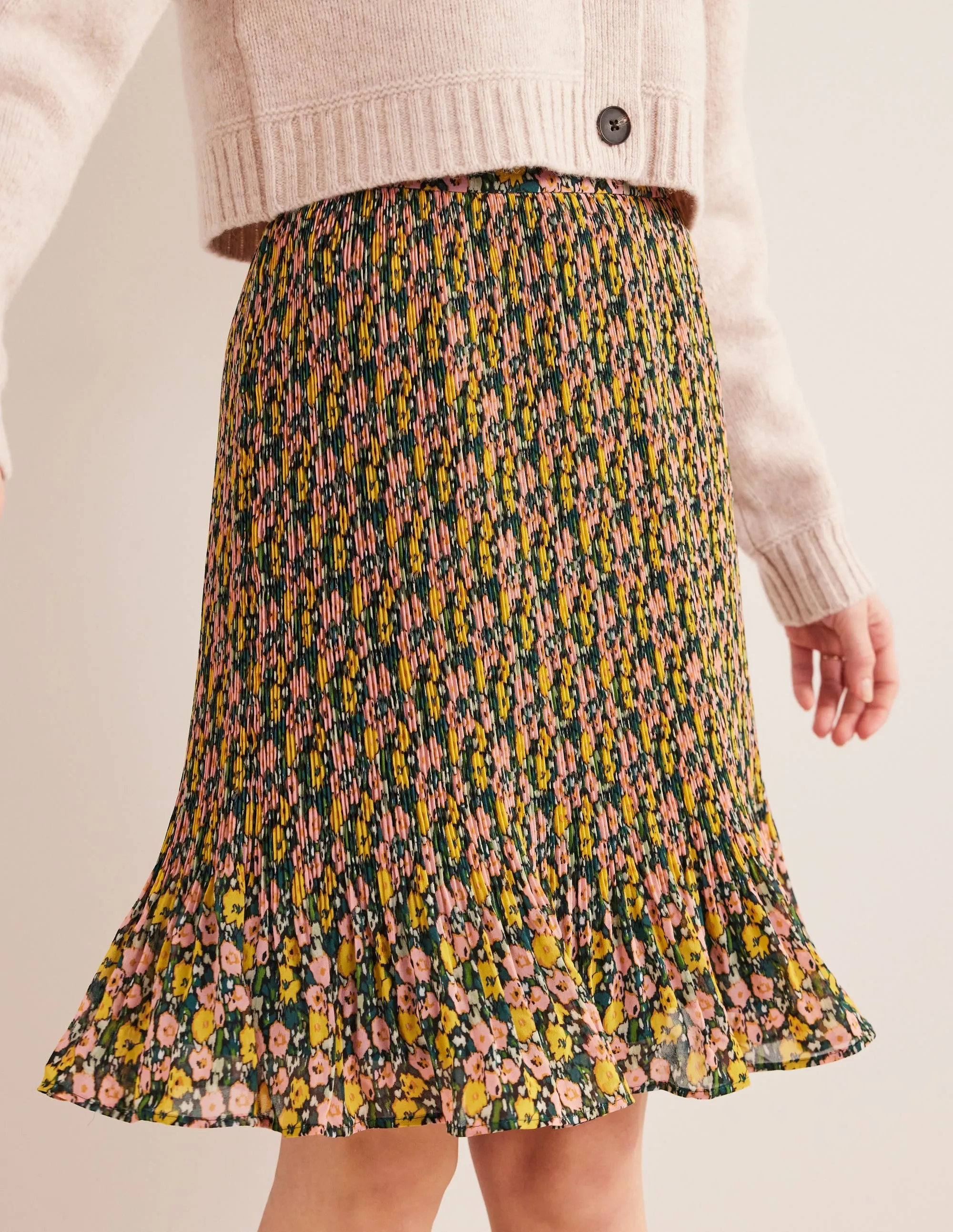 Knee Length Plisse Skirt-Emerald Night, Abstract Poppy