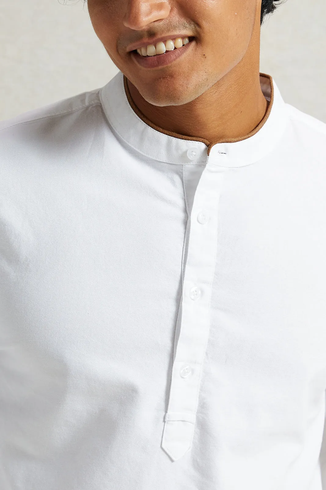 Men White Suede Tipped Kurta Shirt