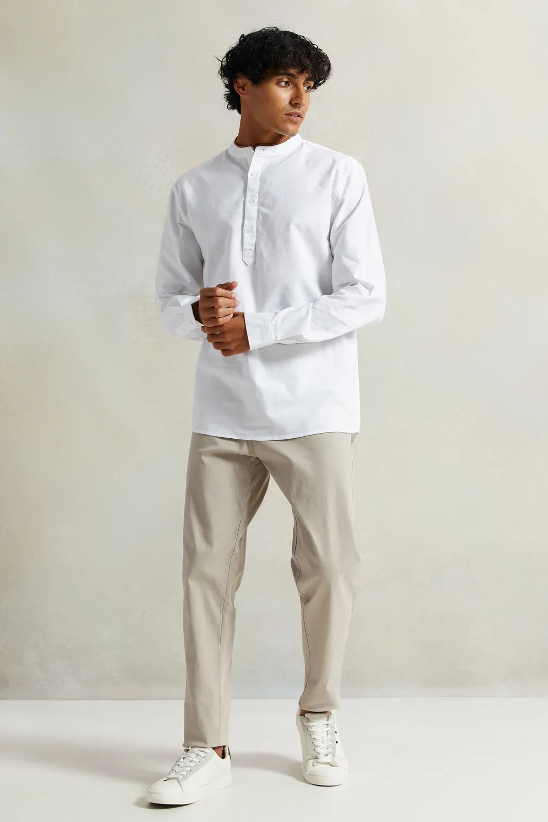 Men White Suede Tipped Kurta Shirt