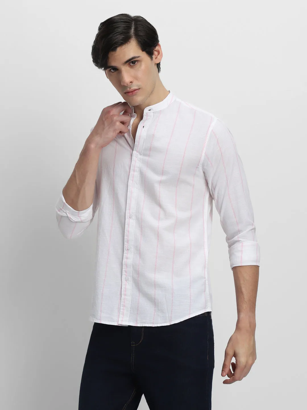 Men's Button Down Collar Regular Fit Stripes Blue Casual Shirt