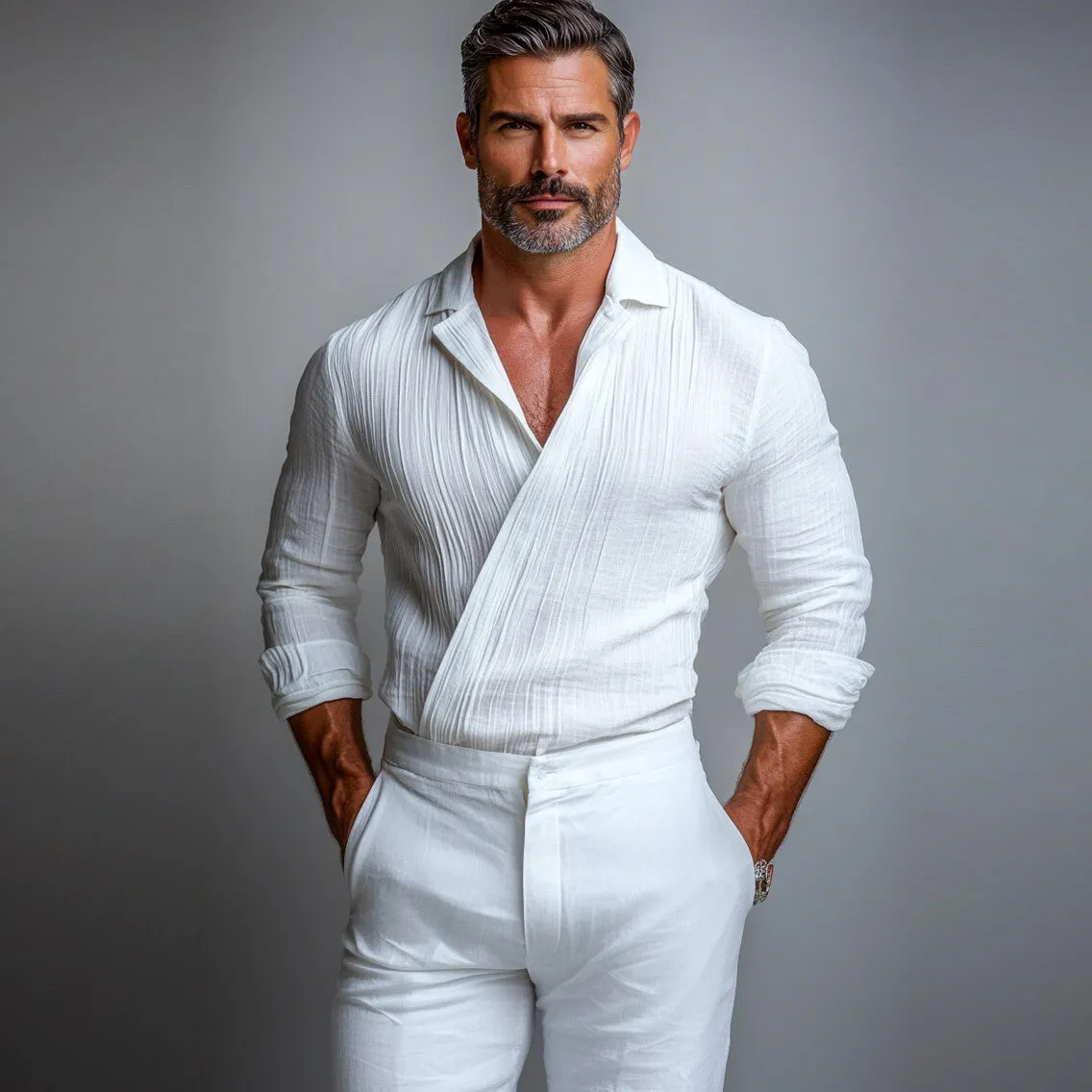 Men's Camp Collar Wrap Fold Long Sleeve Shirt