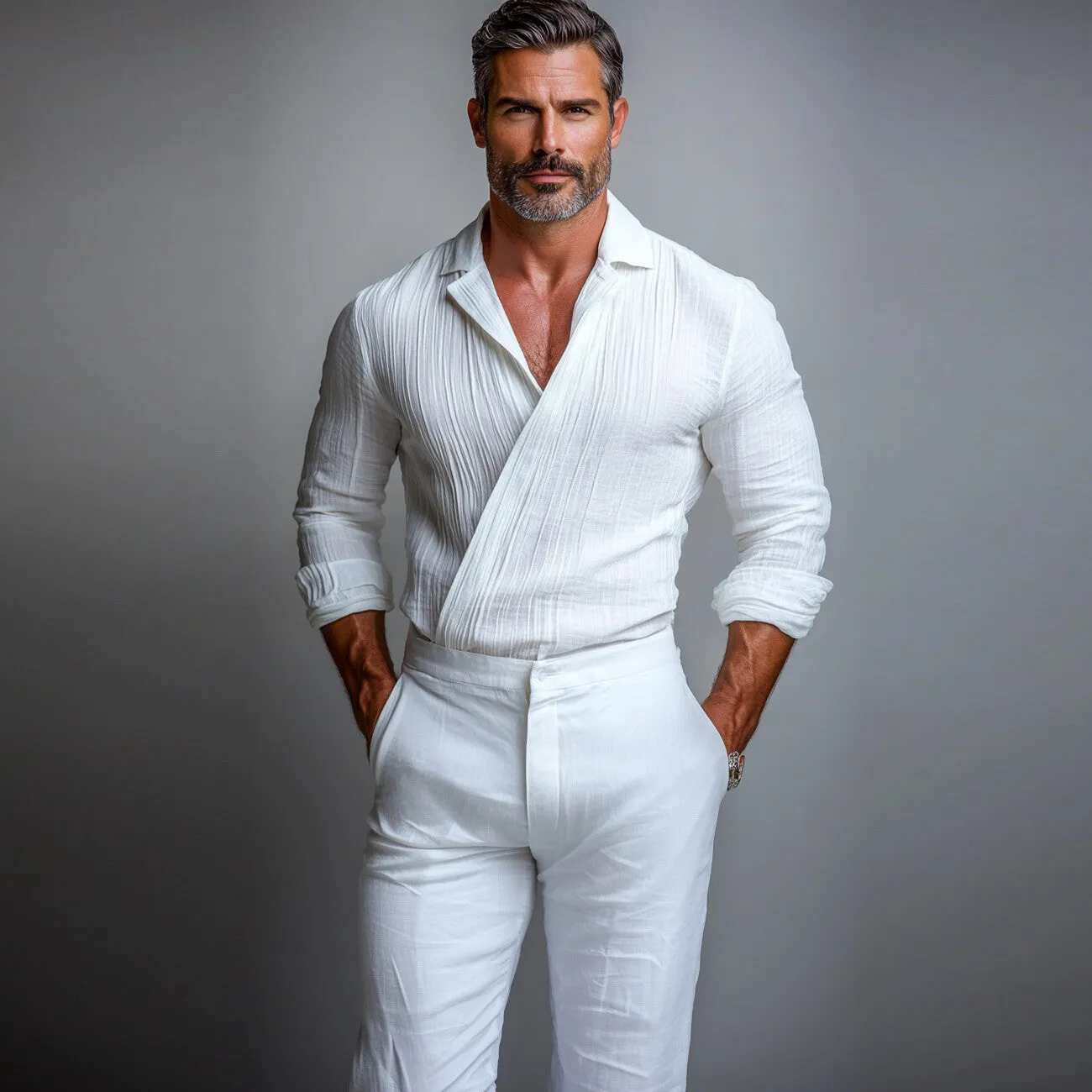 Men's Camp Collar Wrap Fold Long Sleeve Shirt