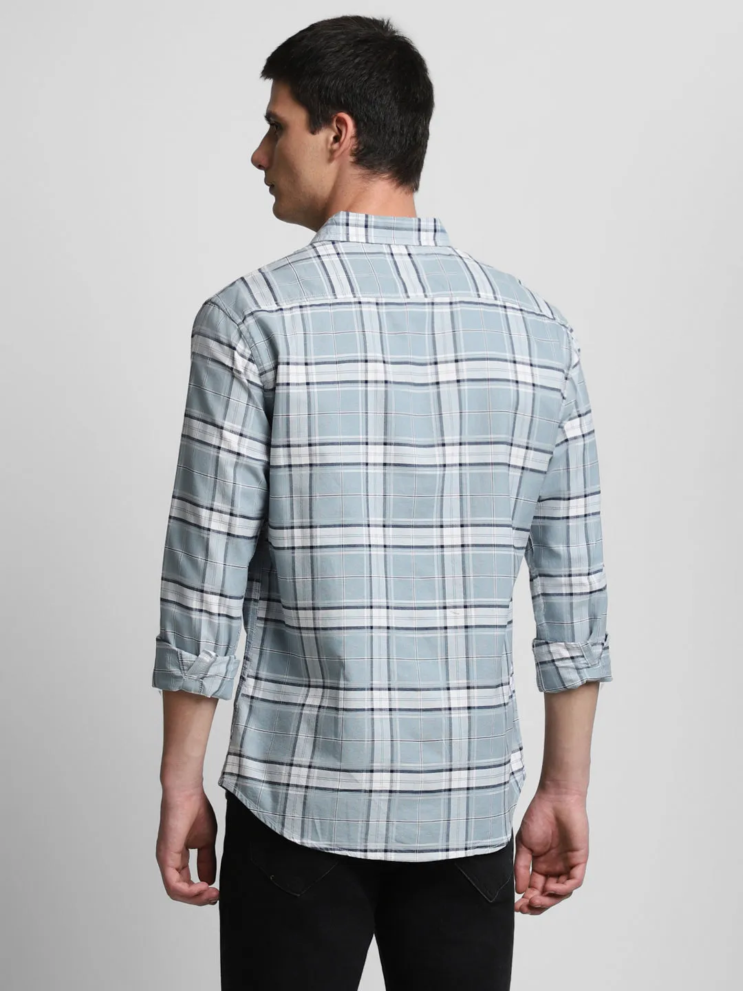 Men's Checks Grey Spread Collar Casual Shirt