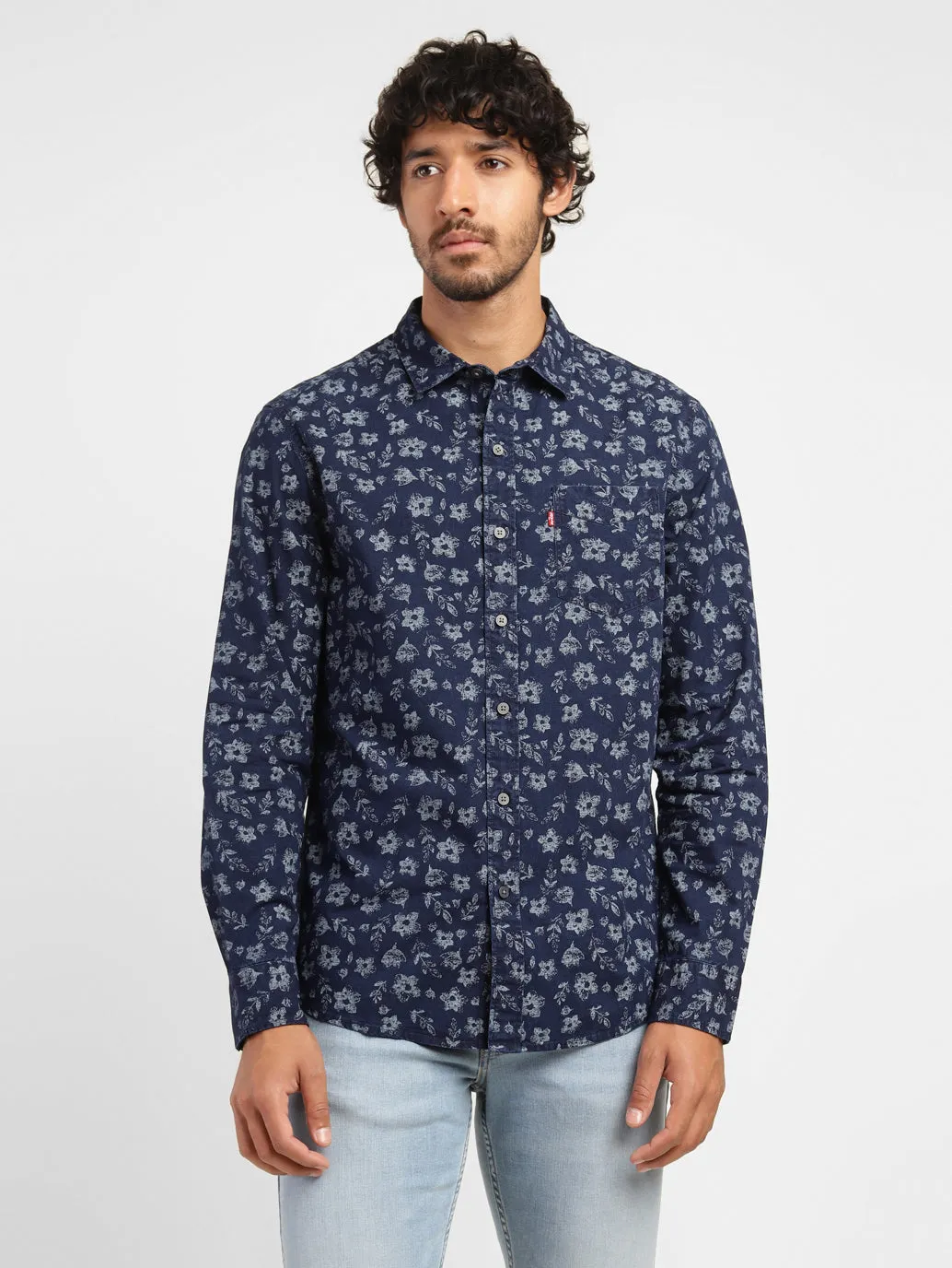 Men's Floral Print Spread Collar Shirt