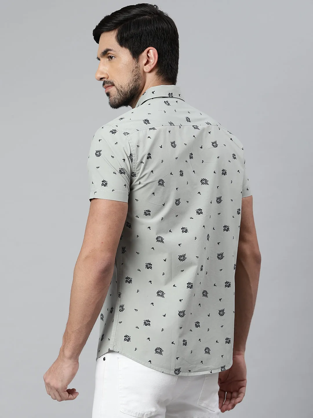 Men's Floral Prints Slim Fit Half Sleeves Shirts (Green)