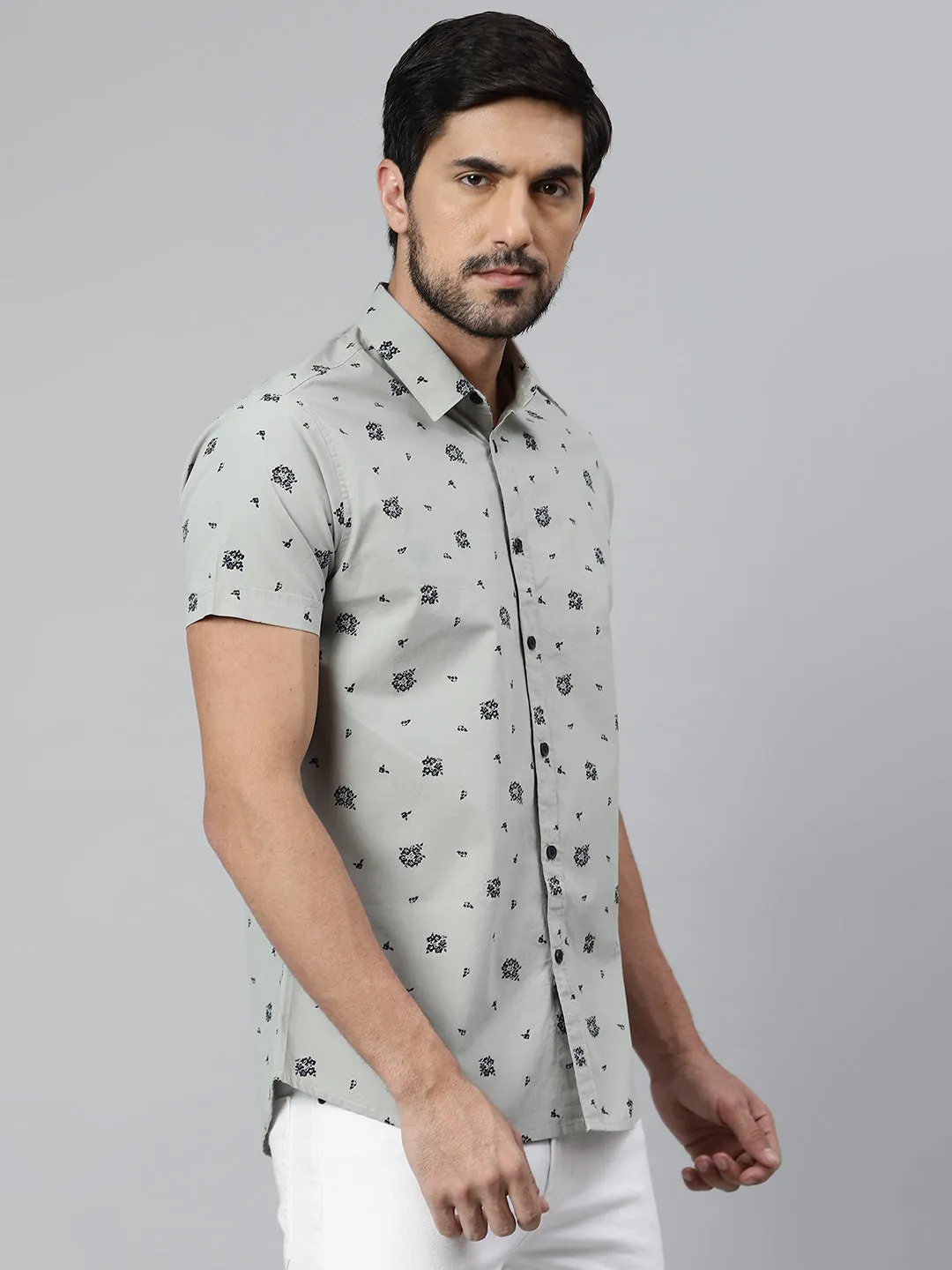 Men's Floral Prints Slim Fit Half Sleeves Shirts (Green)