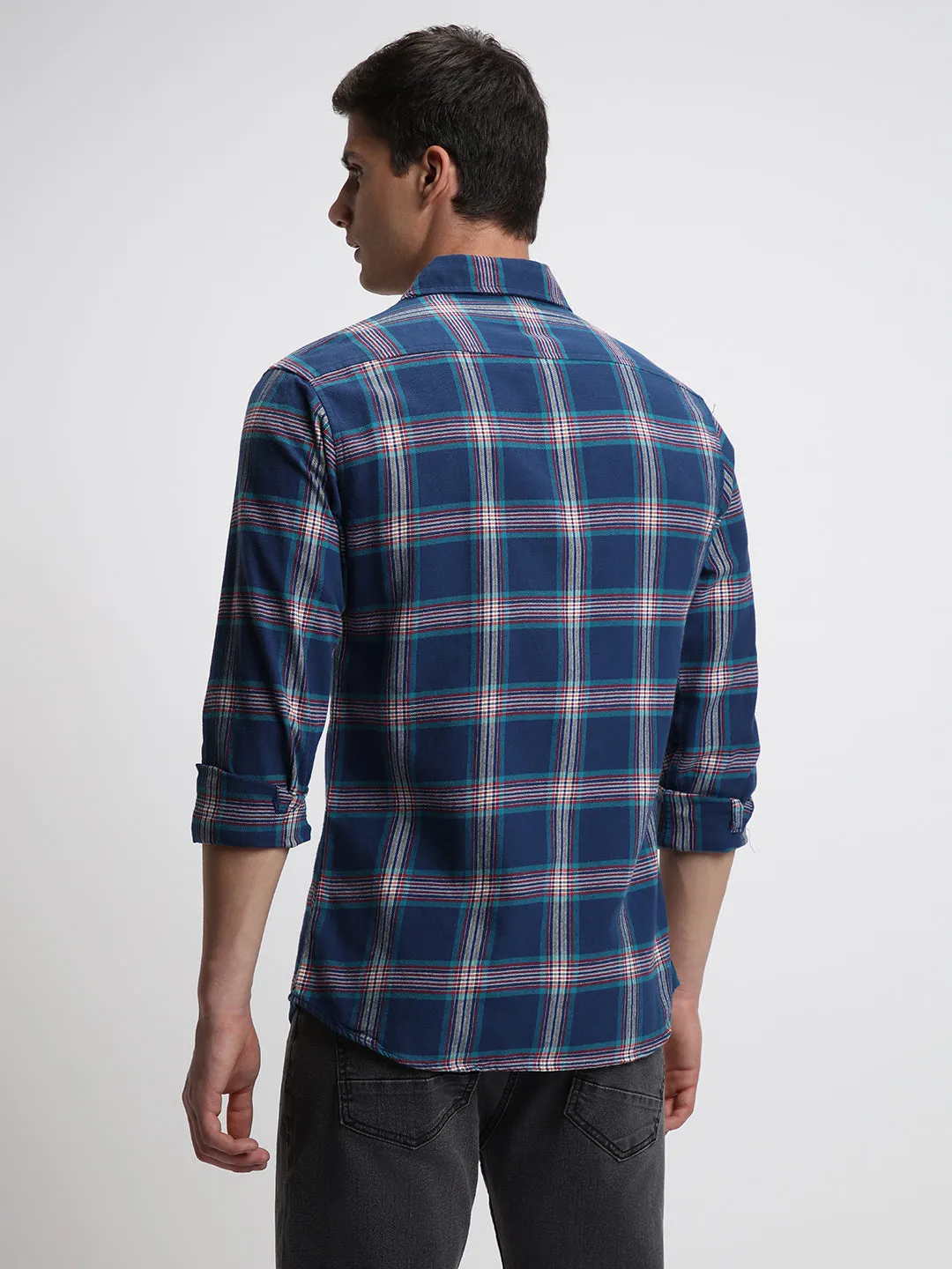 Men's Navy Regular Checks Spread Collar Full Sleeves Casual Shirt