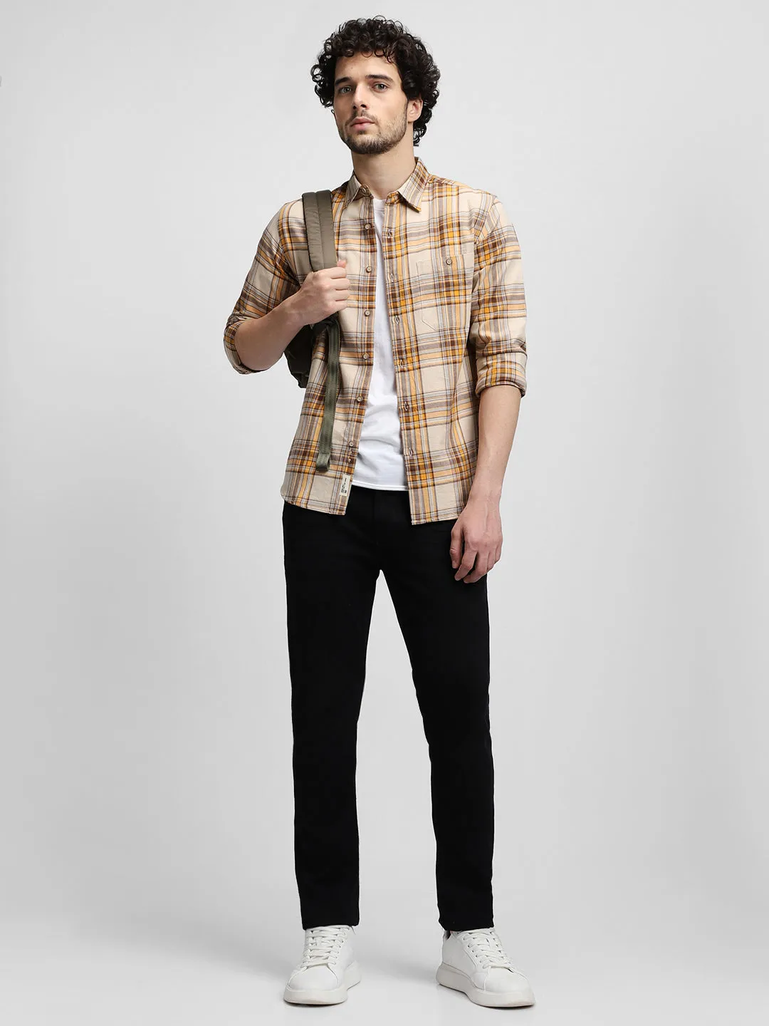 Men's Orange Spread Collar Long Sleeves Casual Shirt