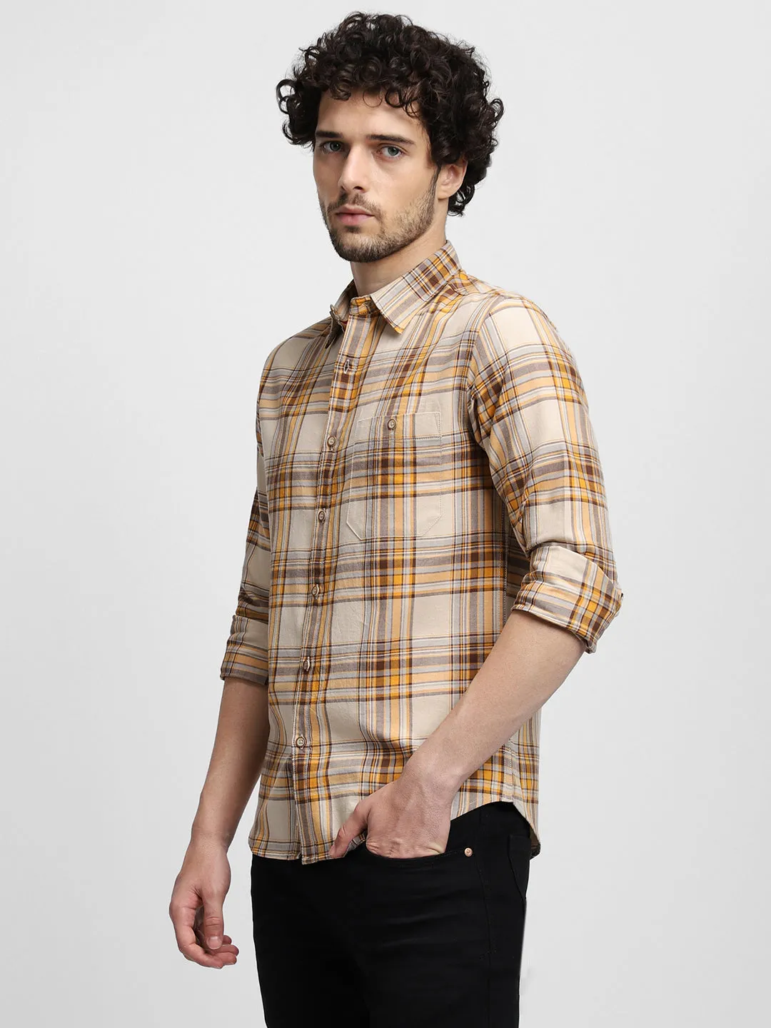 Men's Orange Spread Collar Long Sleeves Casual Shirt