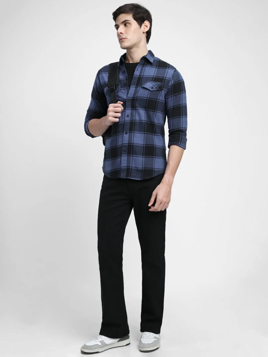 Men's Regular Collar Regular Fit Checks Blue Casual Shirts