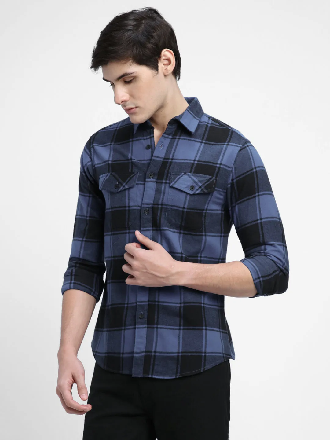 Men's Regular Collar Regular Fit Checks Blue Casual Shirts