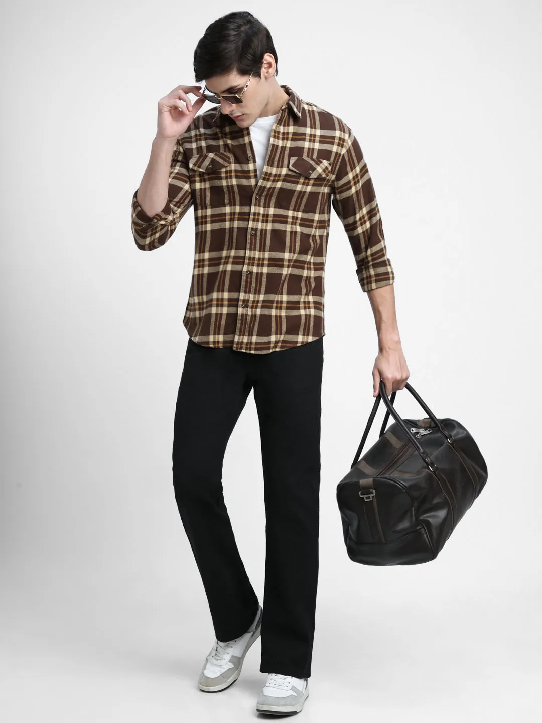 Men's Regular Collar Slim Fit Checks Maroon Casual Shirts