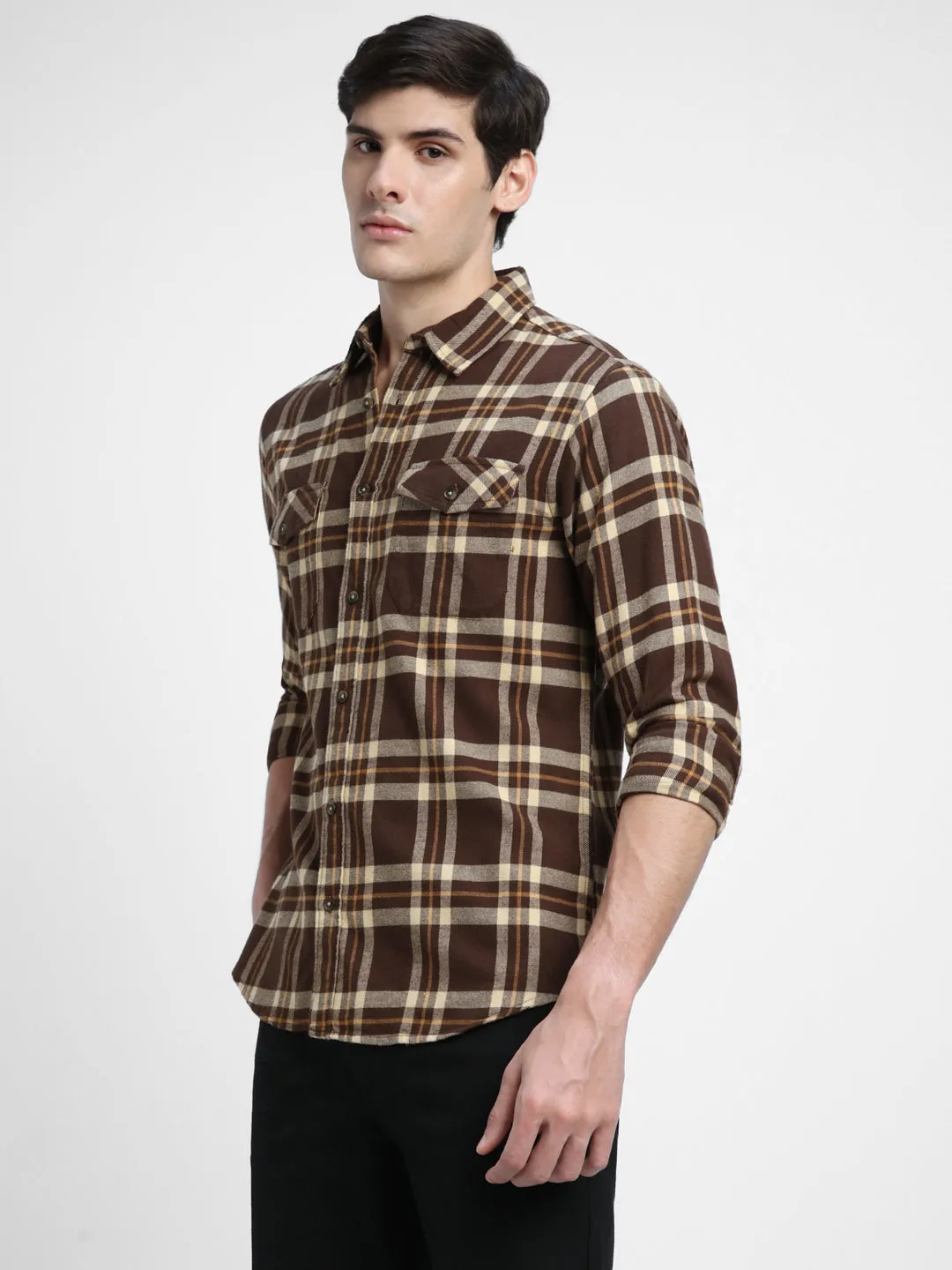 Men's Regular Collar Slim Fit Checks Maroon Casual Shirts