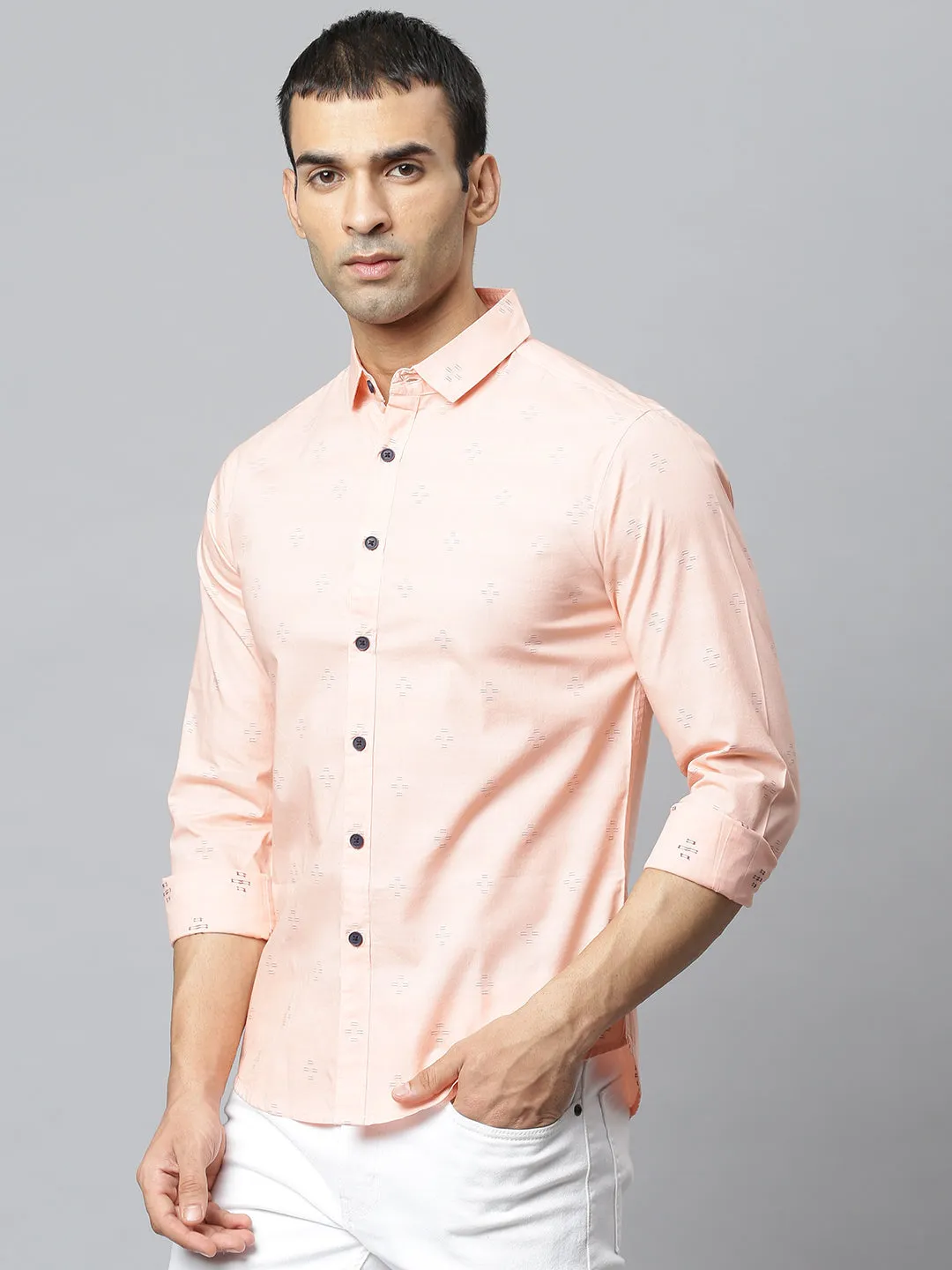 Men's Self Design Spread Collar Slim Fit Shirts (Peach)