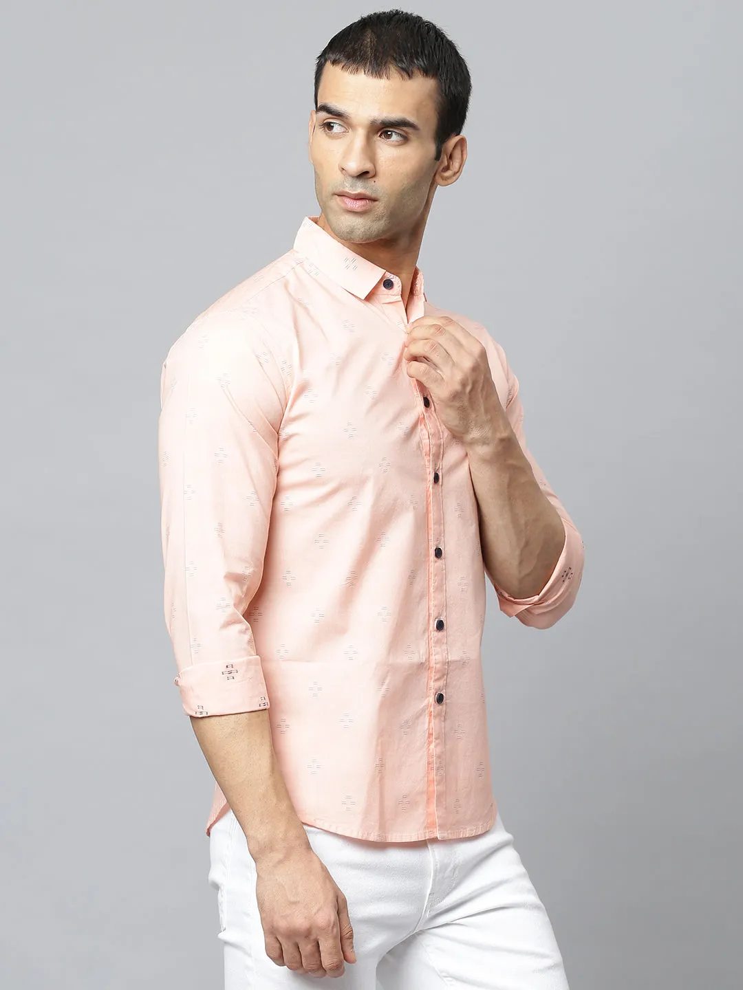 Men's Self Design Spread Collar Slim Fit Shirts (Peach)