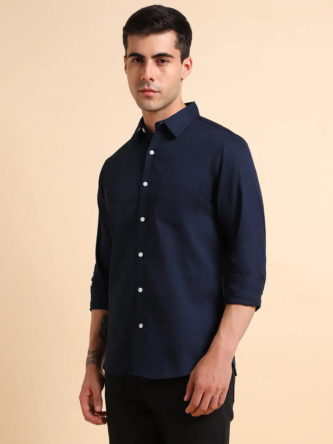 Men's Spread Collar Regular Fit Solid Navy Casual Shirts