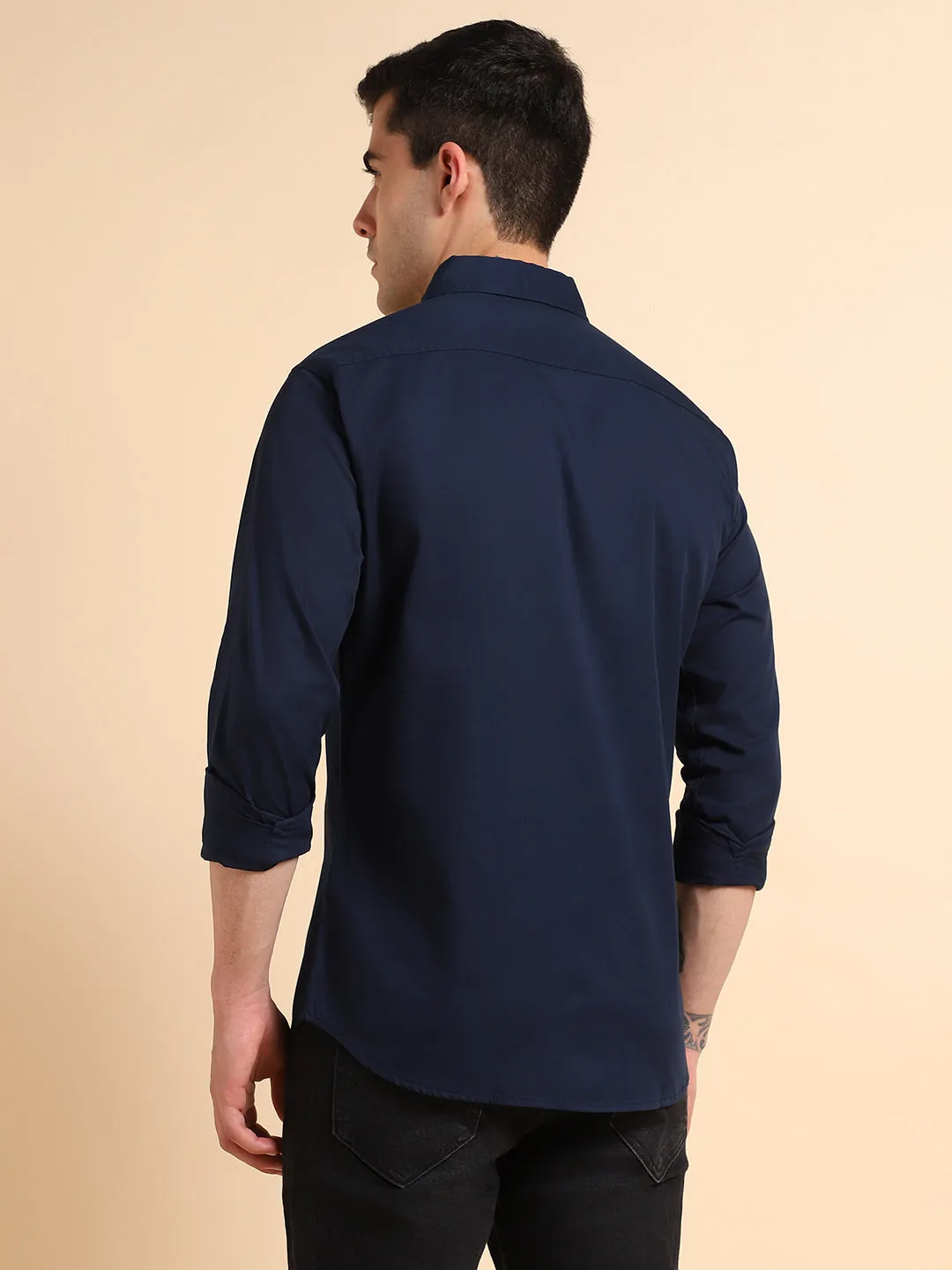 Men's Spread Collar Regular Fit Solid Navy Casual Shirts