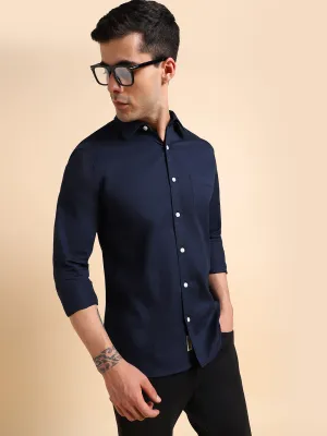 Men's Spread Collar Regular Fit Solid Navy Casual Shirts