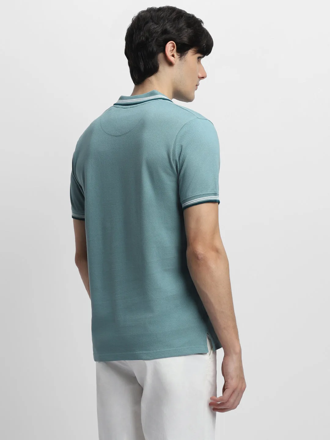 Men's Spread Collar Regular Fit Solid Sea Blue T-shirt