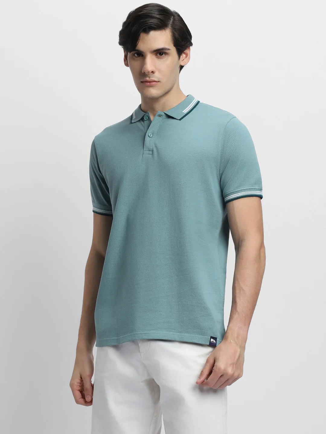 Men's Spread Collar Regular Fit Solid Sea Blue T-shirt