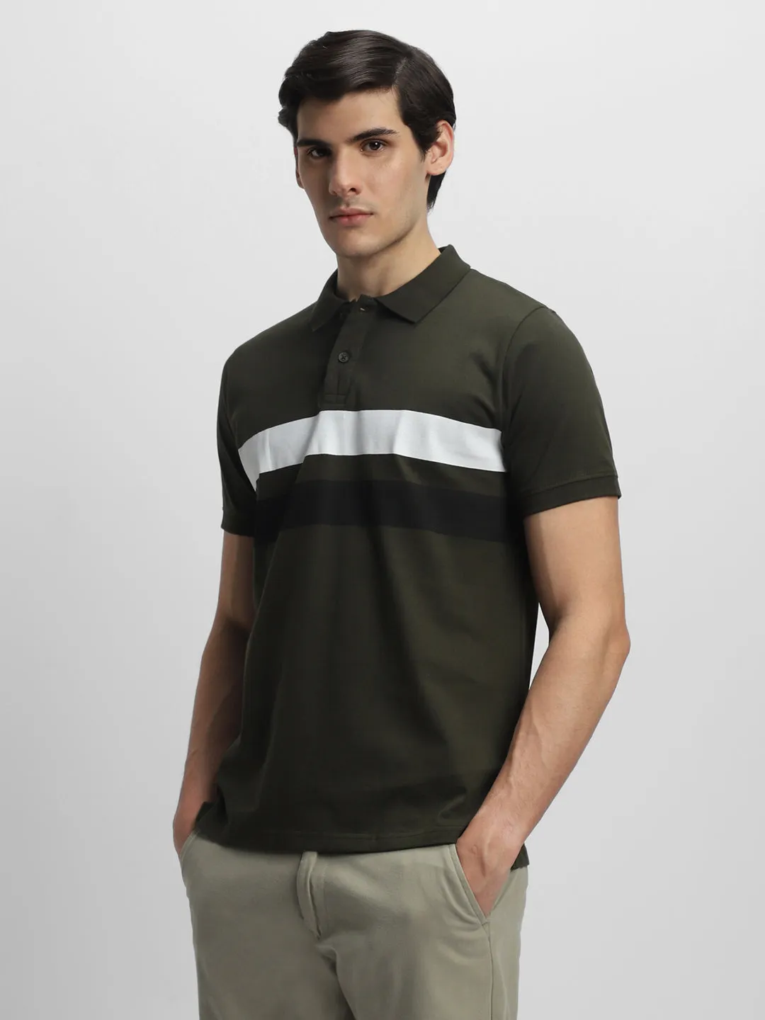 Men's Spread Collar Regular Fit Stripes Olive T-shirt