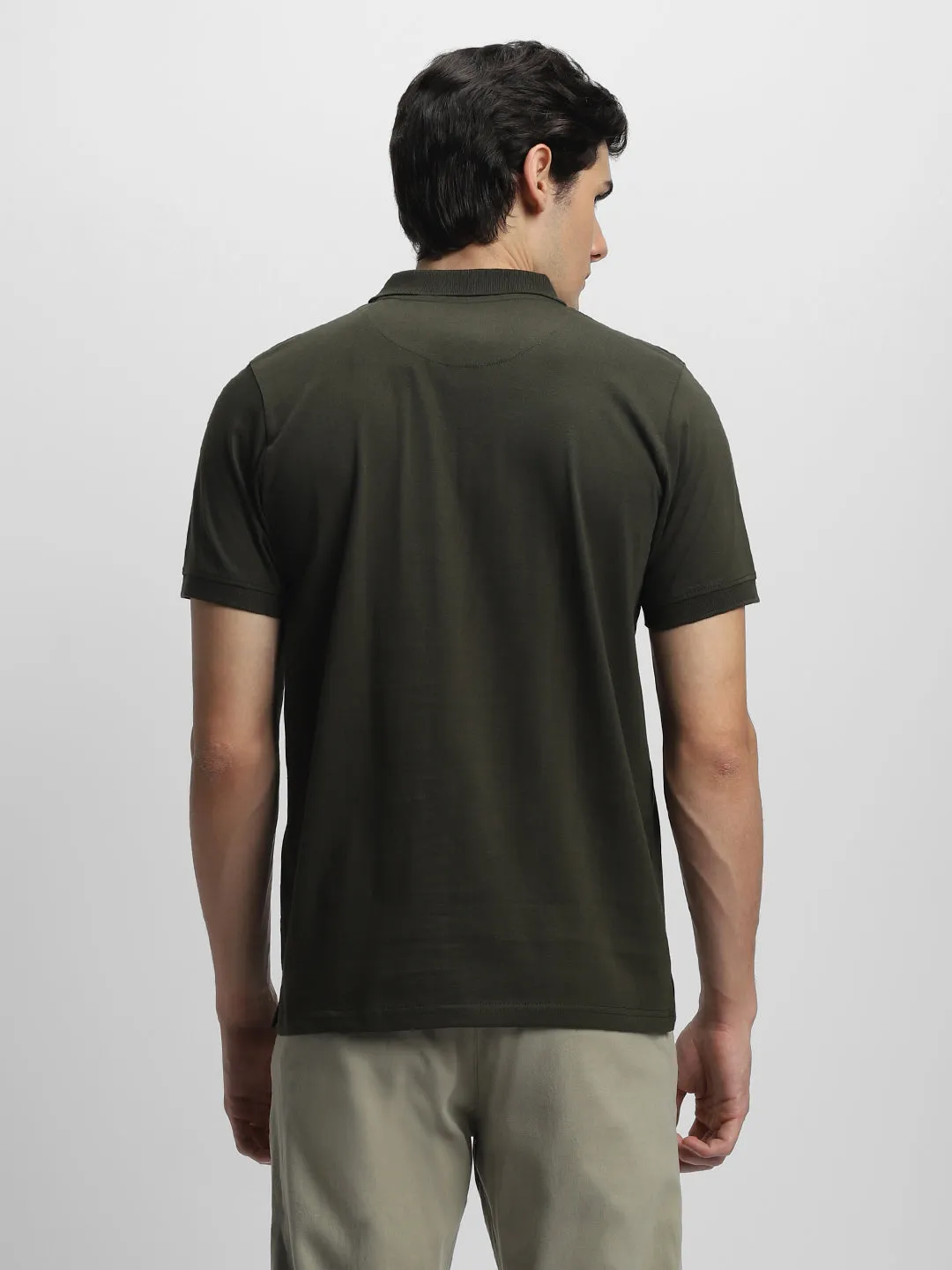 Men's Spread Collar Regular Fit Stripes Olive T-shirt