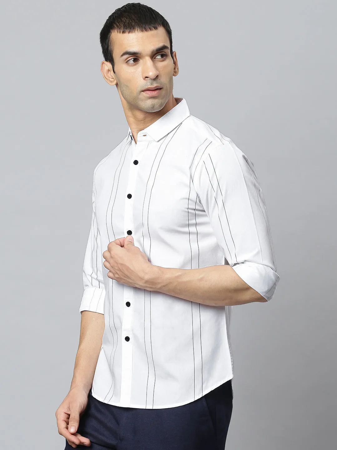 Men's Spread Collar Striped Slim Fit Fulll Sleves Shirts (White)