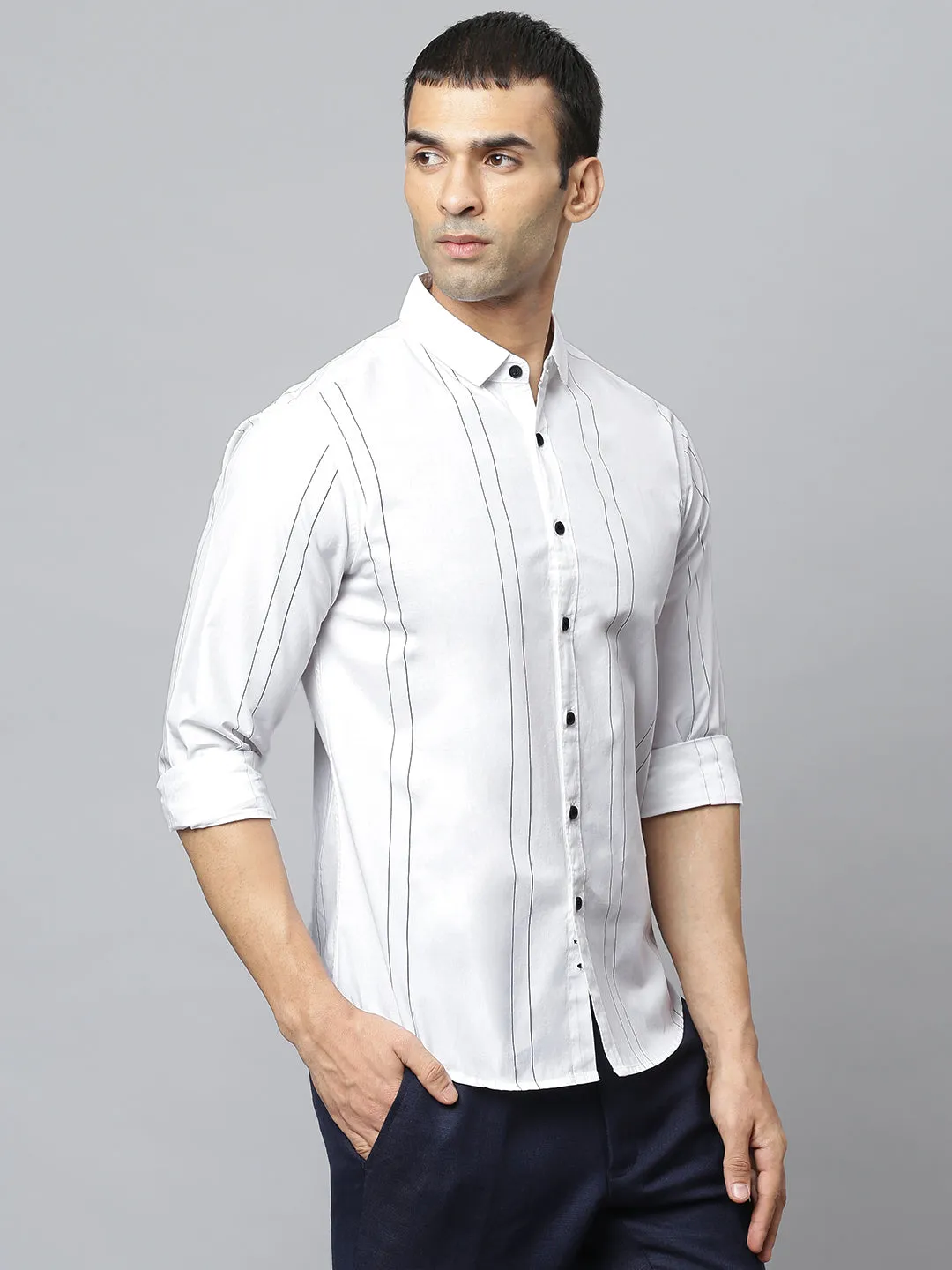Men's Spread Collar Striped Slim Fit Fulll Sleves Shirts (White)