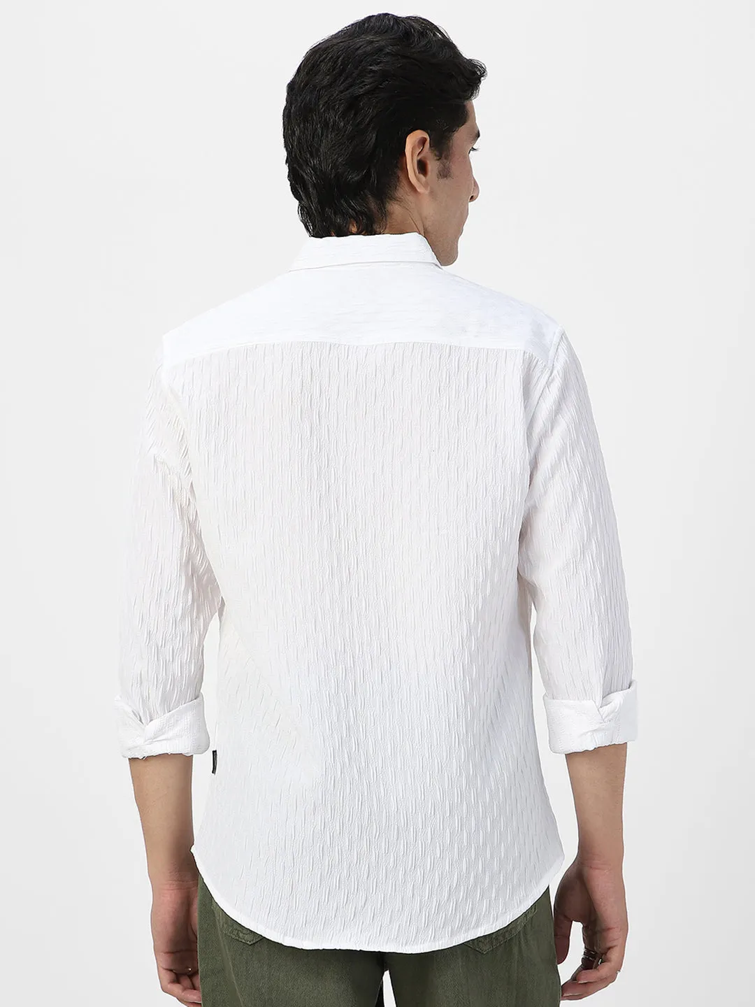 Men's White Cotton Full Sleeve Regular Fit Textured Shirt with Spread Collar