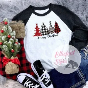 Merry Christmas Leopard Tree Raglan Baseball Tee Shirt Christmas Holiday Buffalo Plaid Tree