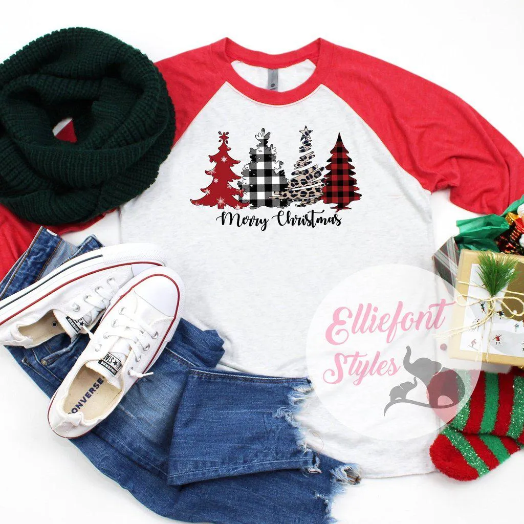 Merry Christmas Leopard Tree Raglan Baseball Tee Shirt Christmas Holiday Buffalo Plaid Tree