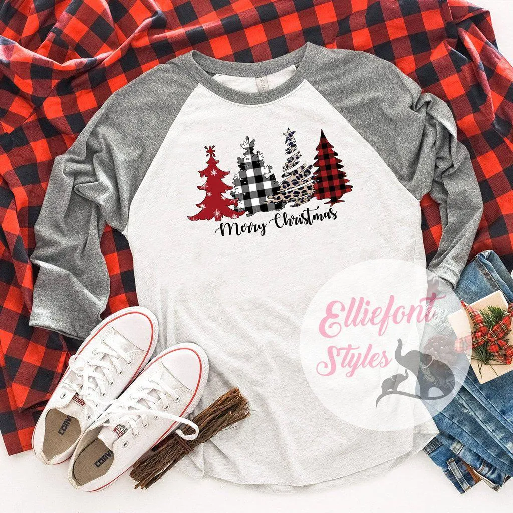 Merry Christmas Leopard Tree Raglan Baseball Tee Shirt Christmas Holiday Buffalo Plaid Tree