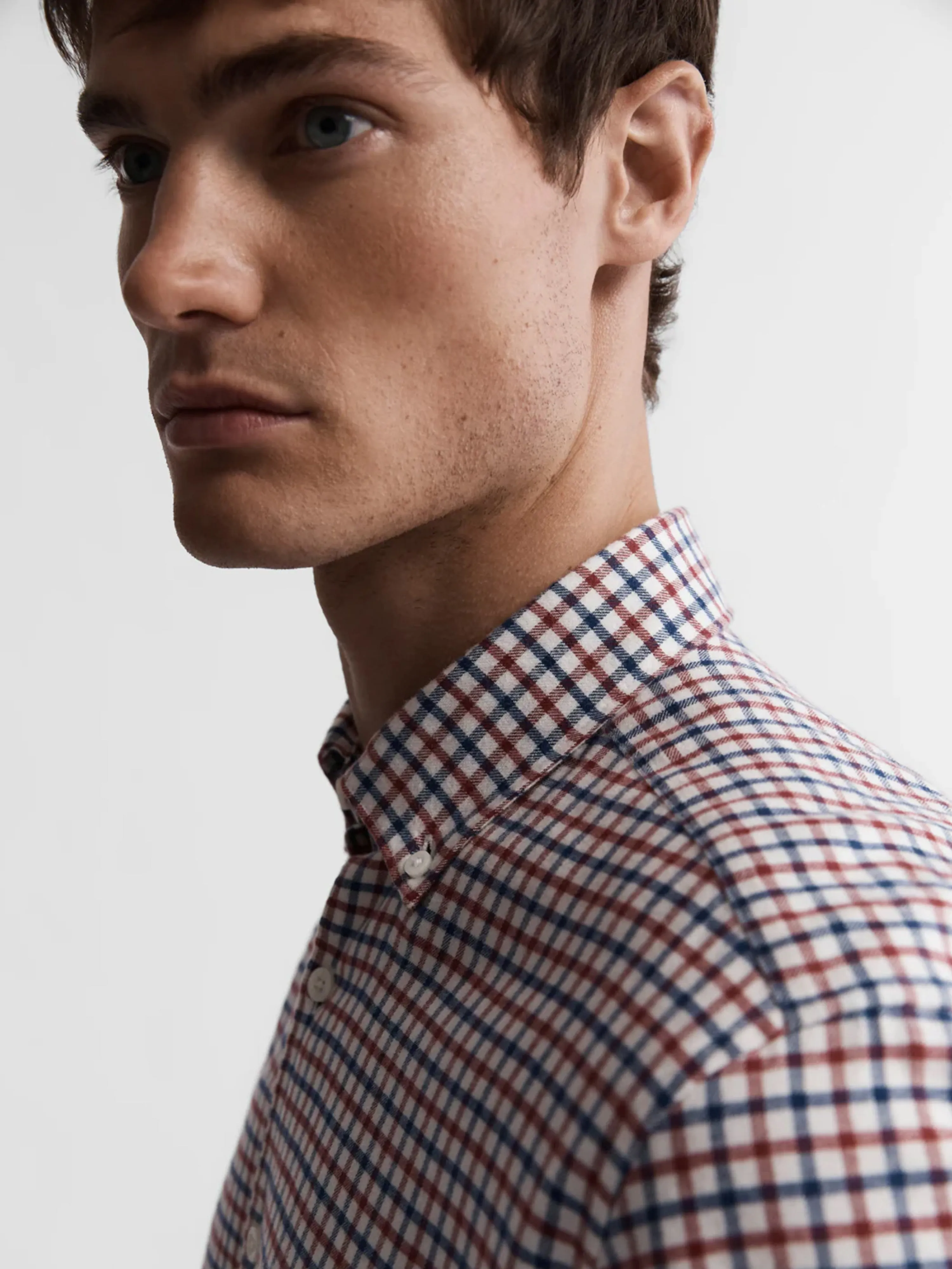 Navy & Burgundy Block Check Brushed Cotton Shirt
