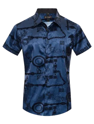 Navy Blue Men's Graphic Design Short Sleeves Shiny Shirt Satin Material