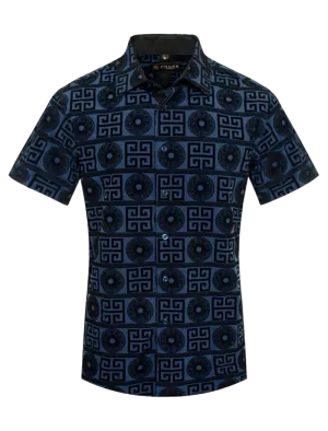 Navy Blue Men's Luxury Style Greek Key Short Sleeves Shirt Regular-Fit