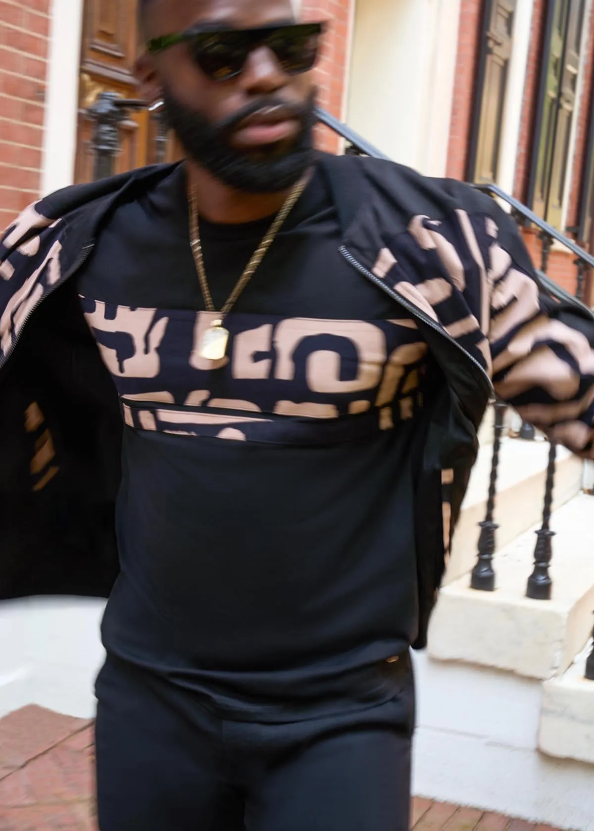 Ore Men's African Print Applique T-Shirt (Black Tan Geometric)