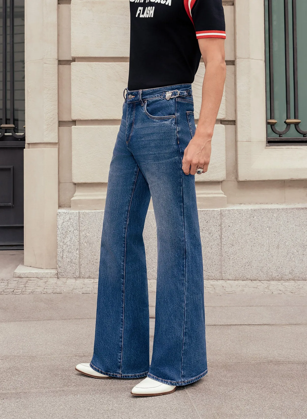 Phix X Rolling Stones Washed Indigo Side Buckle Denim Flare