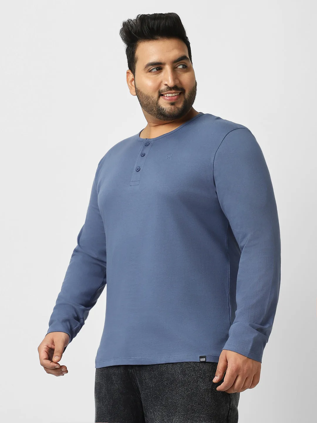 Plus Men's Indigo Blue Solid Henley Neck Regular Fit Full Sleeve Cotton T-Shirt