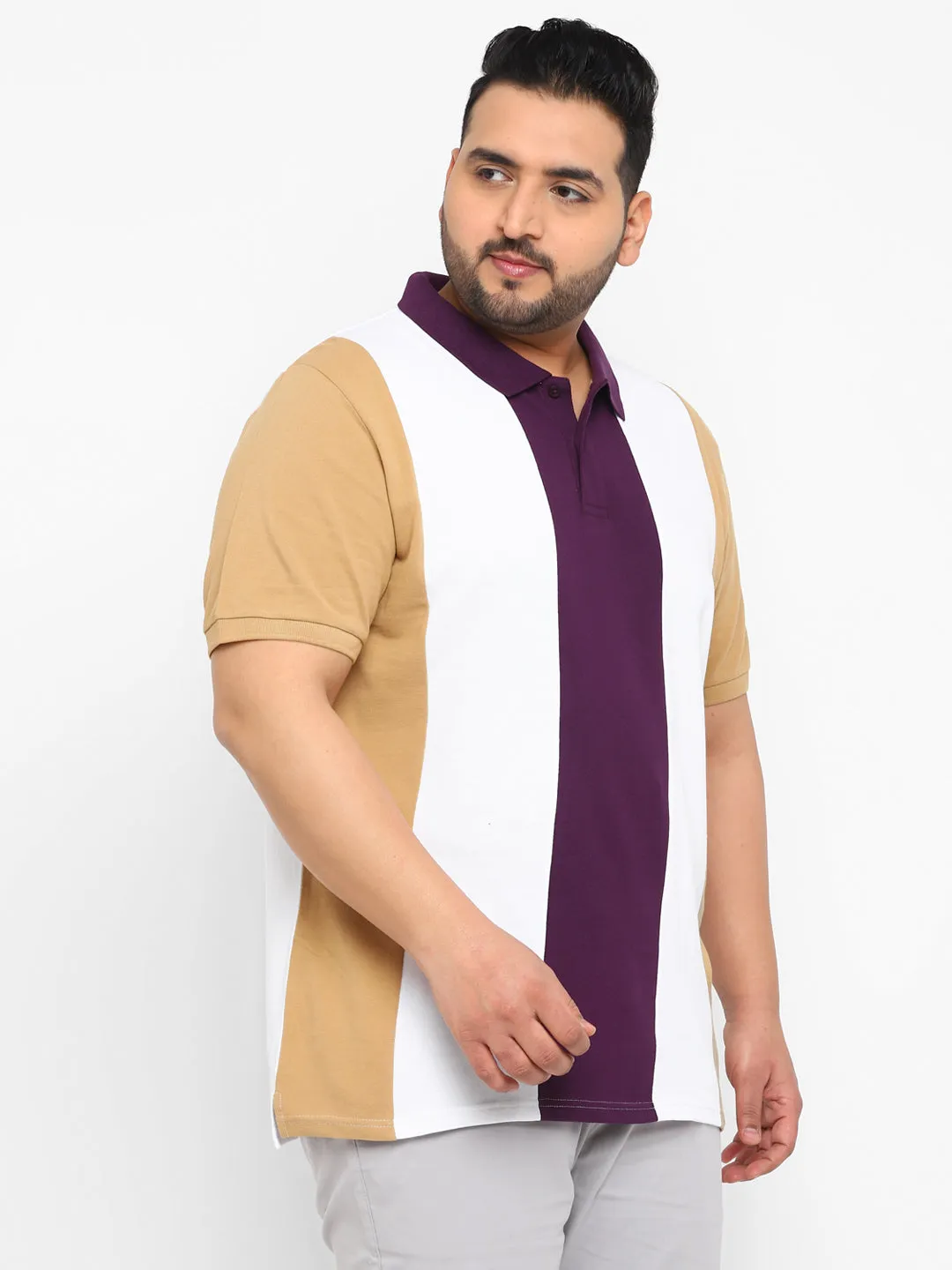 Plus Men's Off White, Purple, Khaki Colour-Block Regular Fit Half Sleeve Cotton Polo T-Shirt