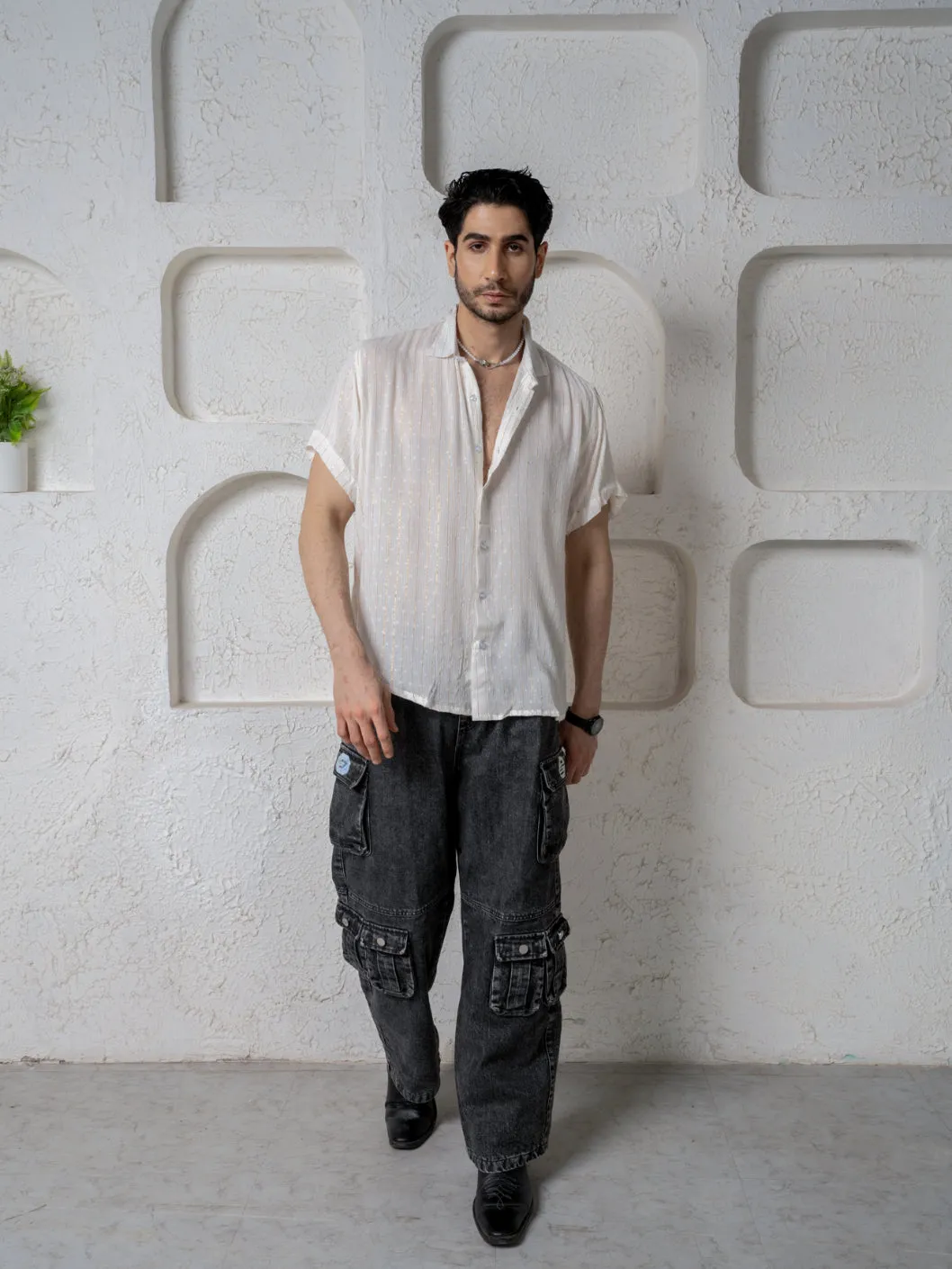 Relaxed Fit Super Flowy Re-engineered Cotton Lurex- Half Sleeves Party Shirt White - No Pocket