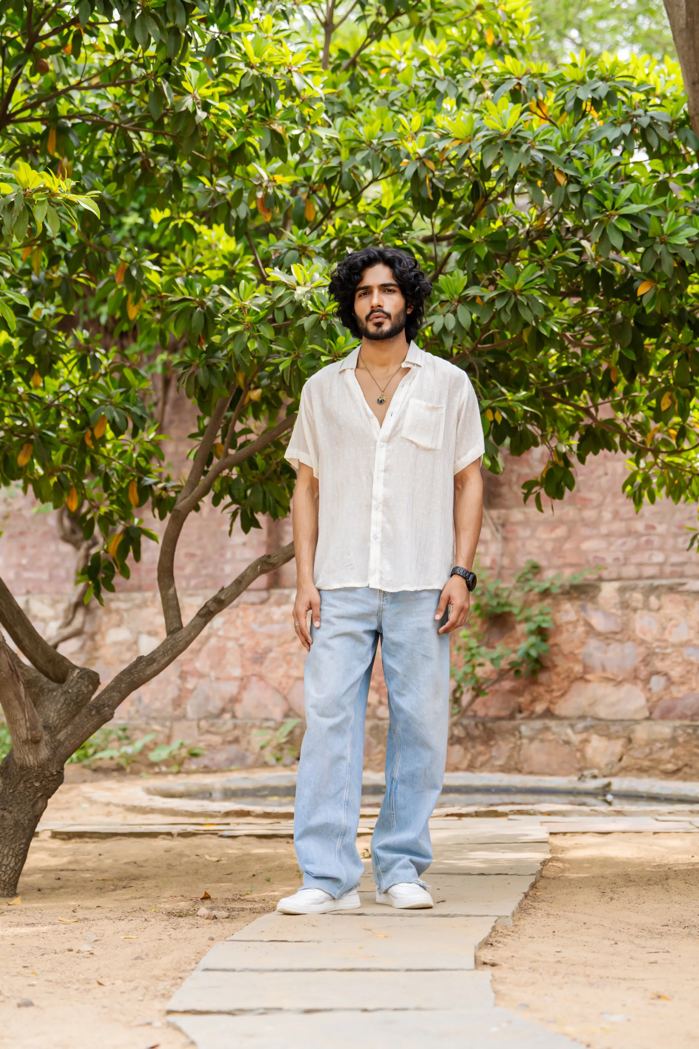 Relaxed Fit Super Flowy Re-engineered Cotton Lurex- Half Sleeves Party Shirt White - No Pocket
