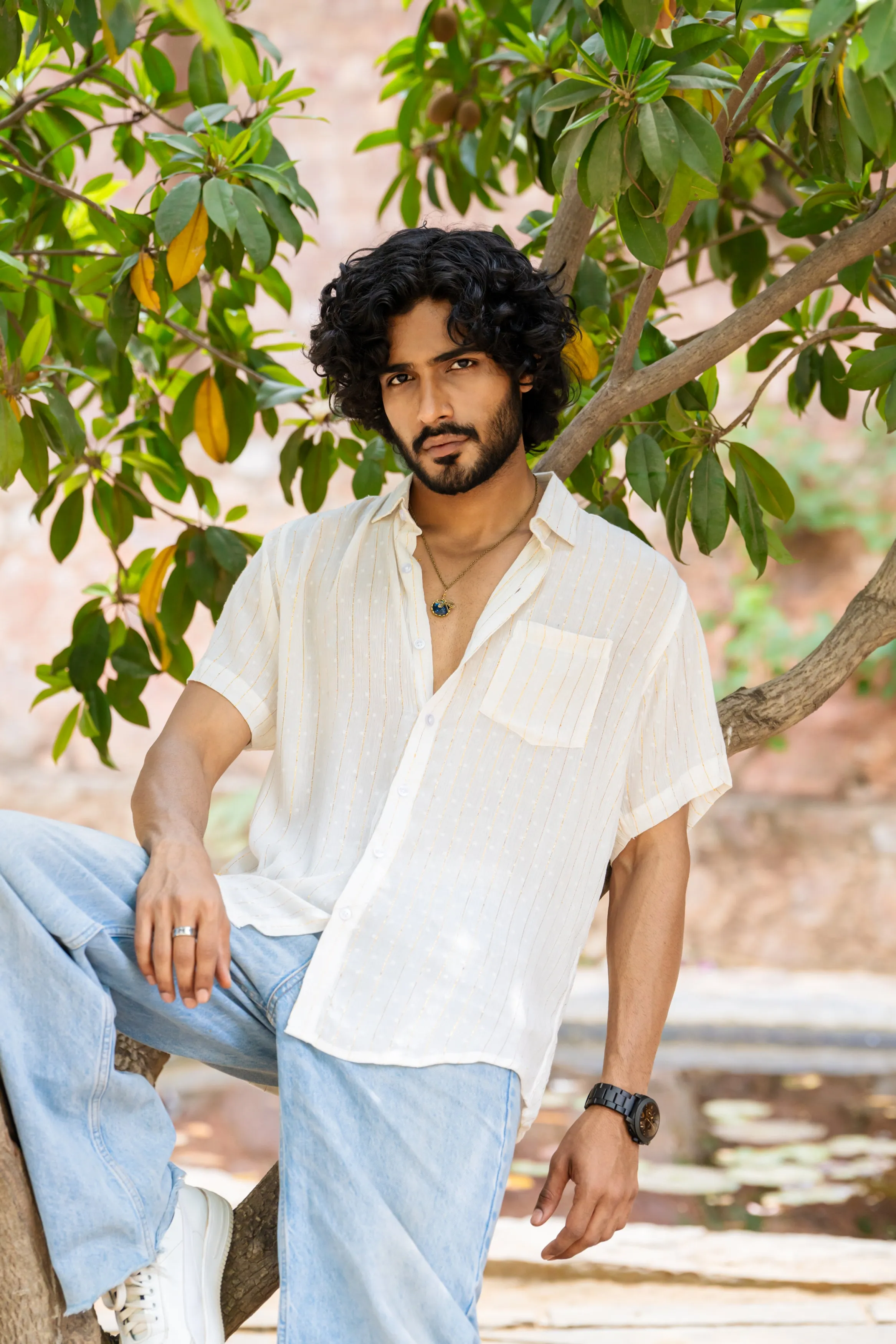 Relaxed Fit Super Flowy Re-engineered Cotton Lurex- Half Sleeves Party Shirt White - No Pocket