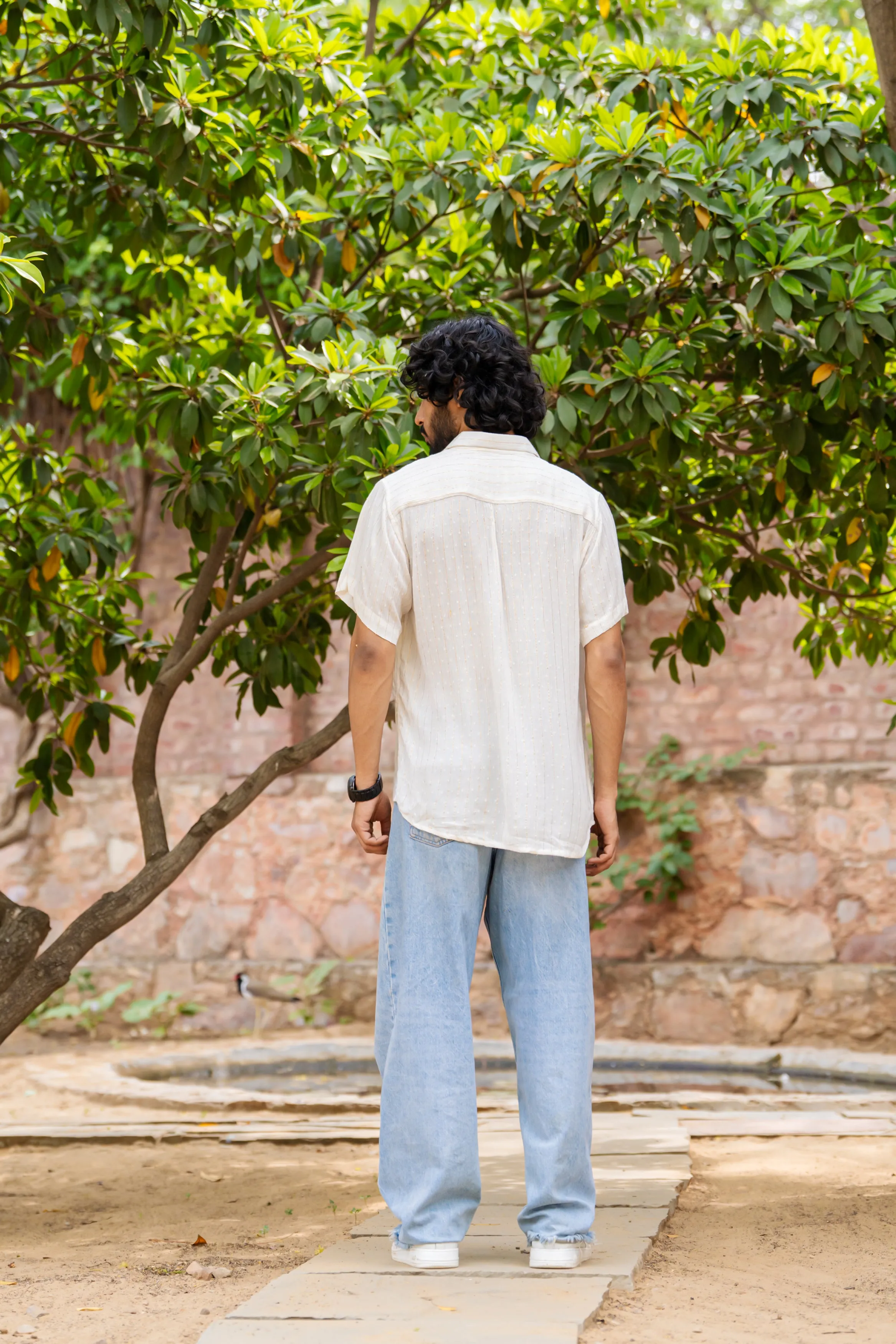 Relaxed Fit Super Flowy Re-engineered Cotton Lurex- Half Sleeves Party Shirt White - No Pocket