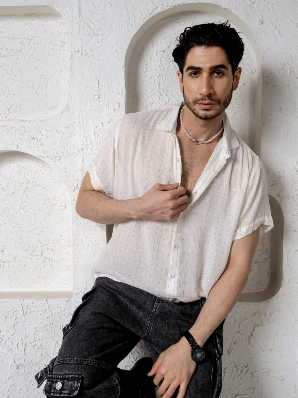 Relaxed Fit Super Flowy Re-engineered Cotton Lurex- Half Sleeves Party Shirt White - No Pocket